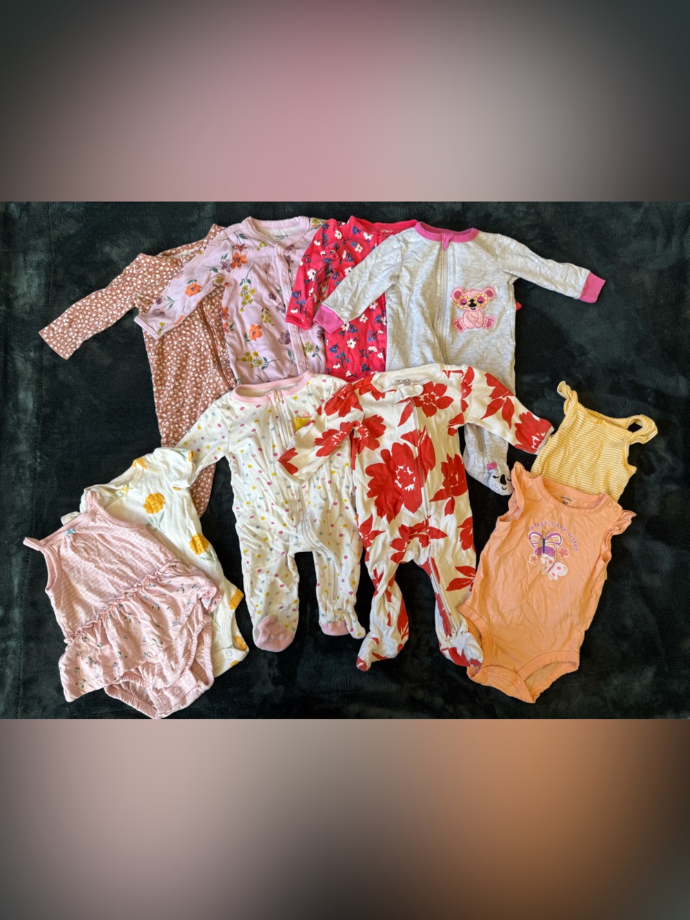 10 Piece Lot Carter’s Assorted Baby Girls One Piece Pajamas & Bodysuits 6 Months